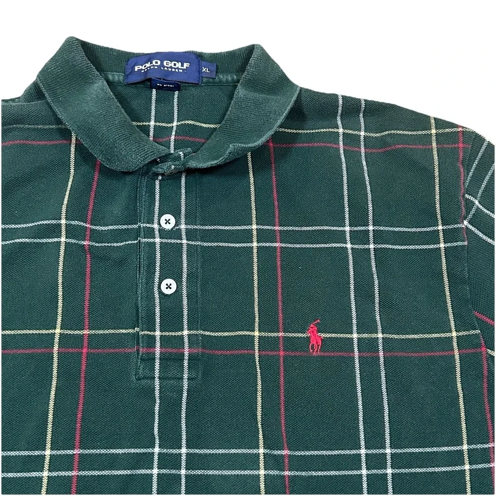 Vintage Polo Golf Ralph Lauren Rugby Shirt Mens XL Green‎ Tartan Plaid 90s
